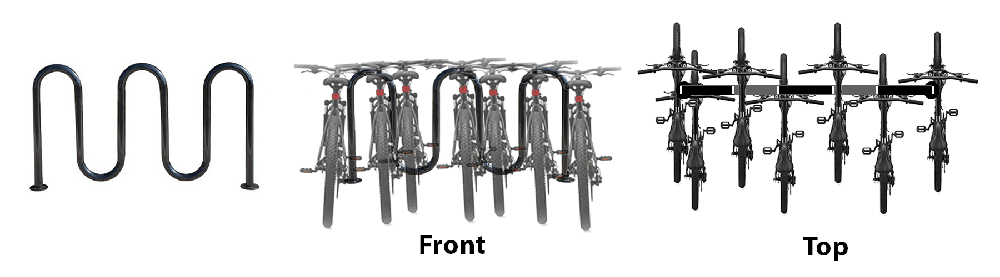 Wave bike rack parking diagram showing front and top view layouts illustrating how multiple bikes are positioned for efficient spacing